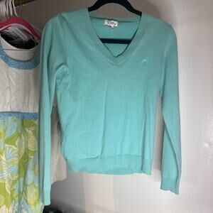 Vintage Lilly Pulitzer Solid Green V-Neck Pullover Sweater Palm Tree Logo Sz‎ XS